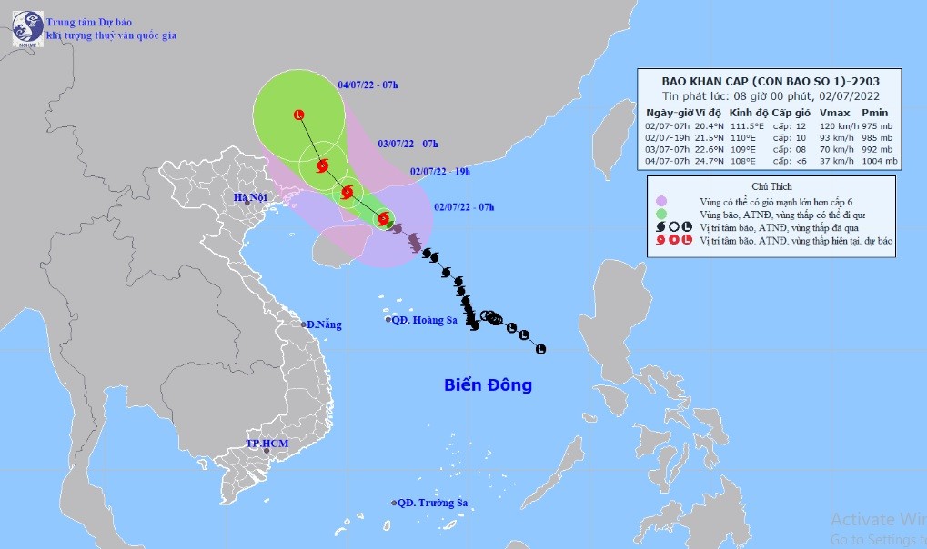 Vị trí và hướng di chuyển tiếp theo của bão số 1 Chaba. (Ảnh: Trung tâm Dự báo KTTVQG)