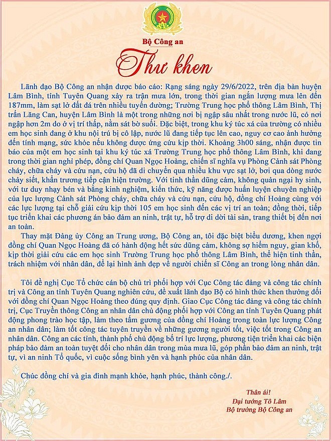 Bộ trưởng Tô Lâm gửi thư khen chiến sĩ nghĩa vụ giải cứu 105 em học sinh khỏi vùng lũ