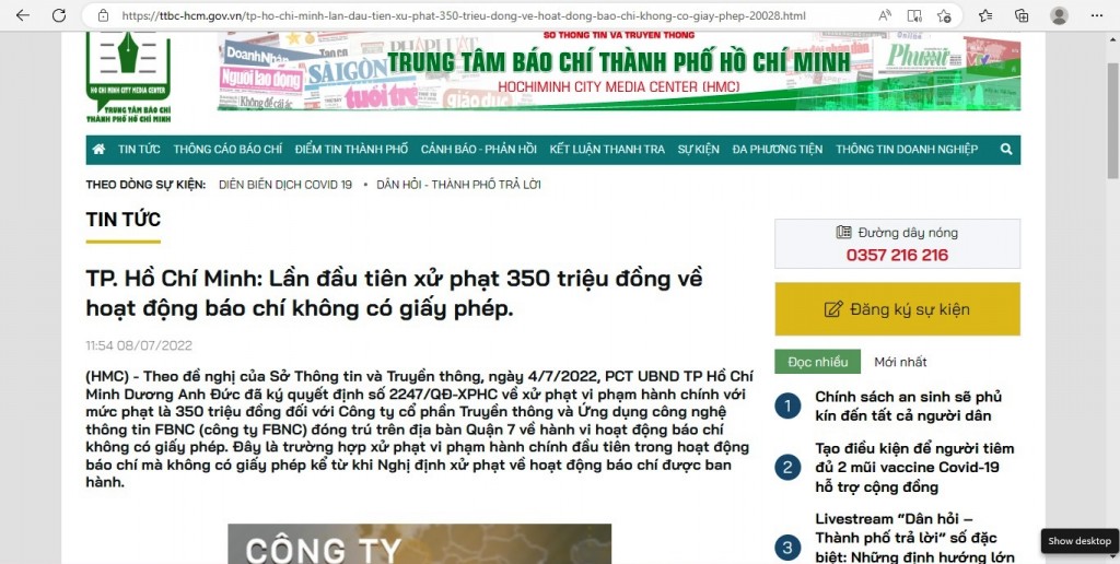 Thông tin của Trung tâm Báo chí TP Hồ Chí Minh công bố