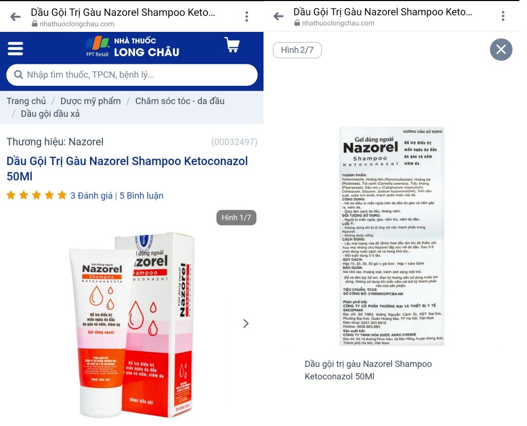 Nazorel Shampoo Ketoconazole là dầu gội, nhưng trên website của FPT Long Châu lại quảng cáo và giới thiệu công dụng như thuốc chữa bệnh