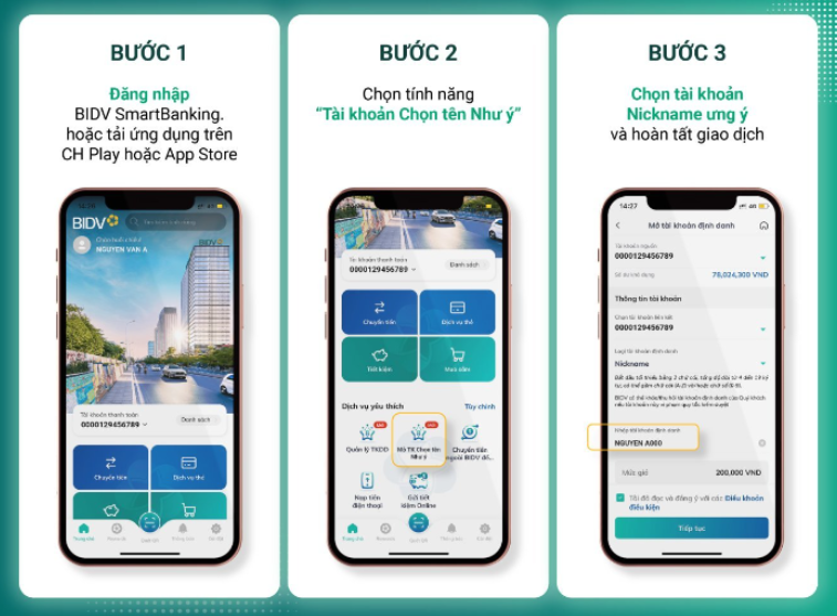 BIDV miễn phí chọn tài khoản theo nickname và số điện thoại