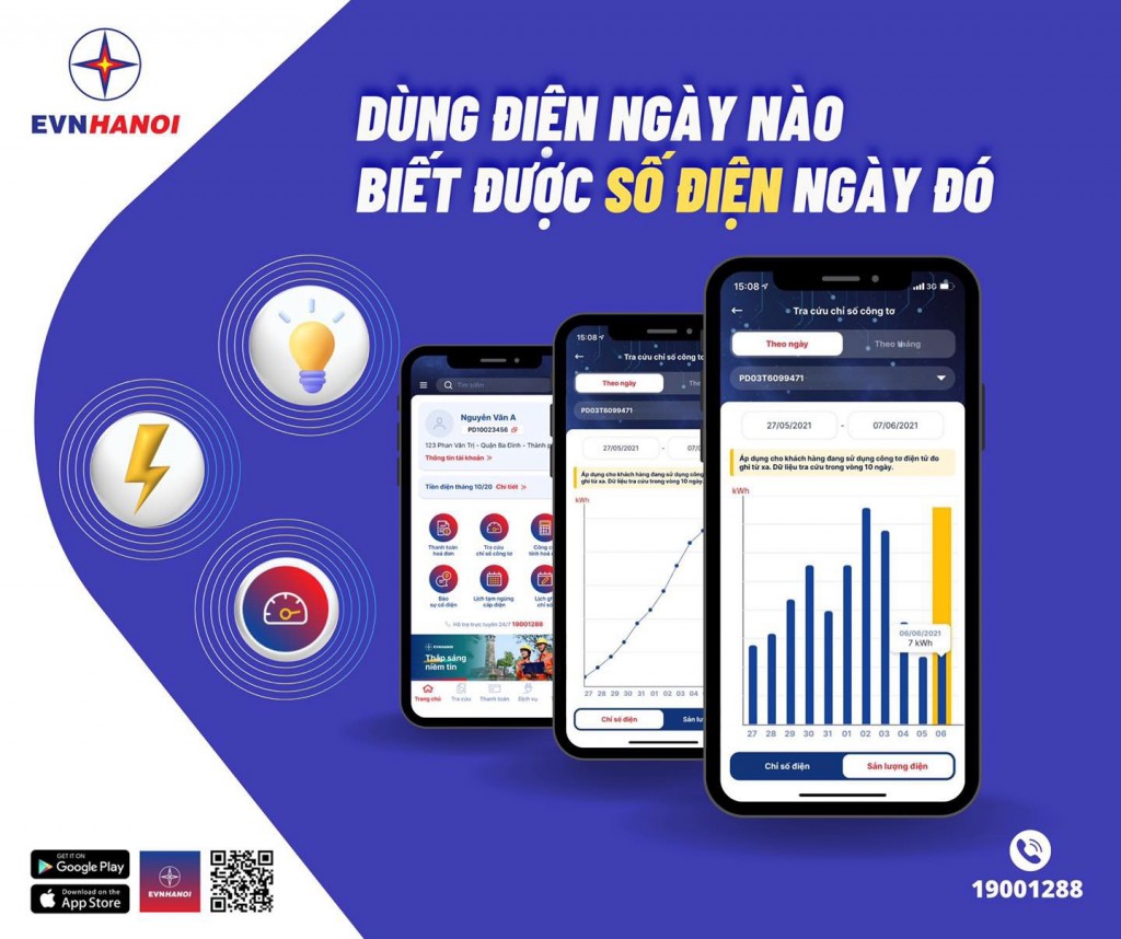 Dùng điện ngày nào biết được số điện ngày đó với App EVNHANOI