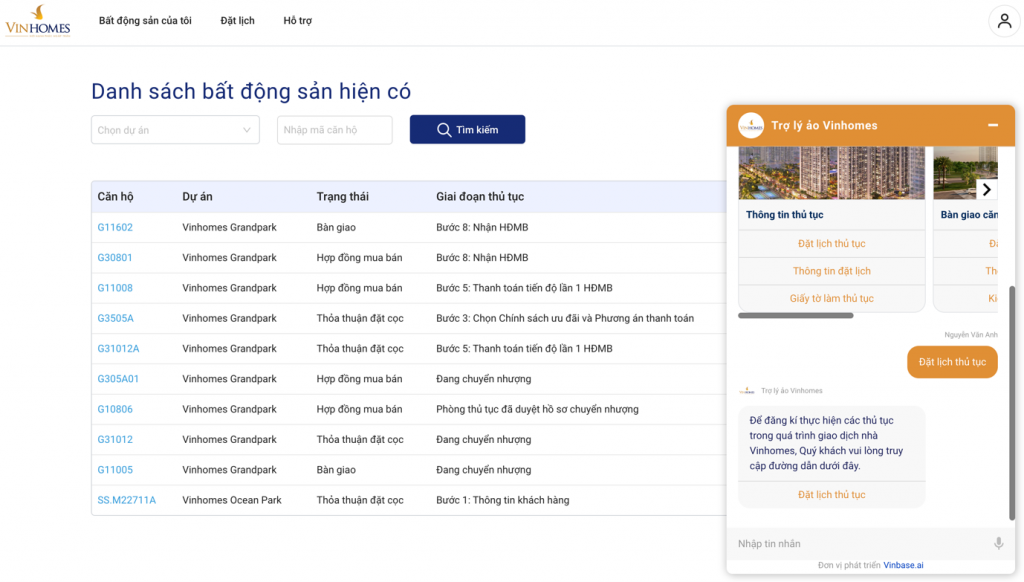 Trợ lý ảo hỗ trợ khách hàng hỏi đáp về thông tin thủ tục trên website Vinhomes Online
