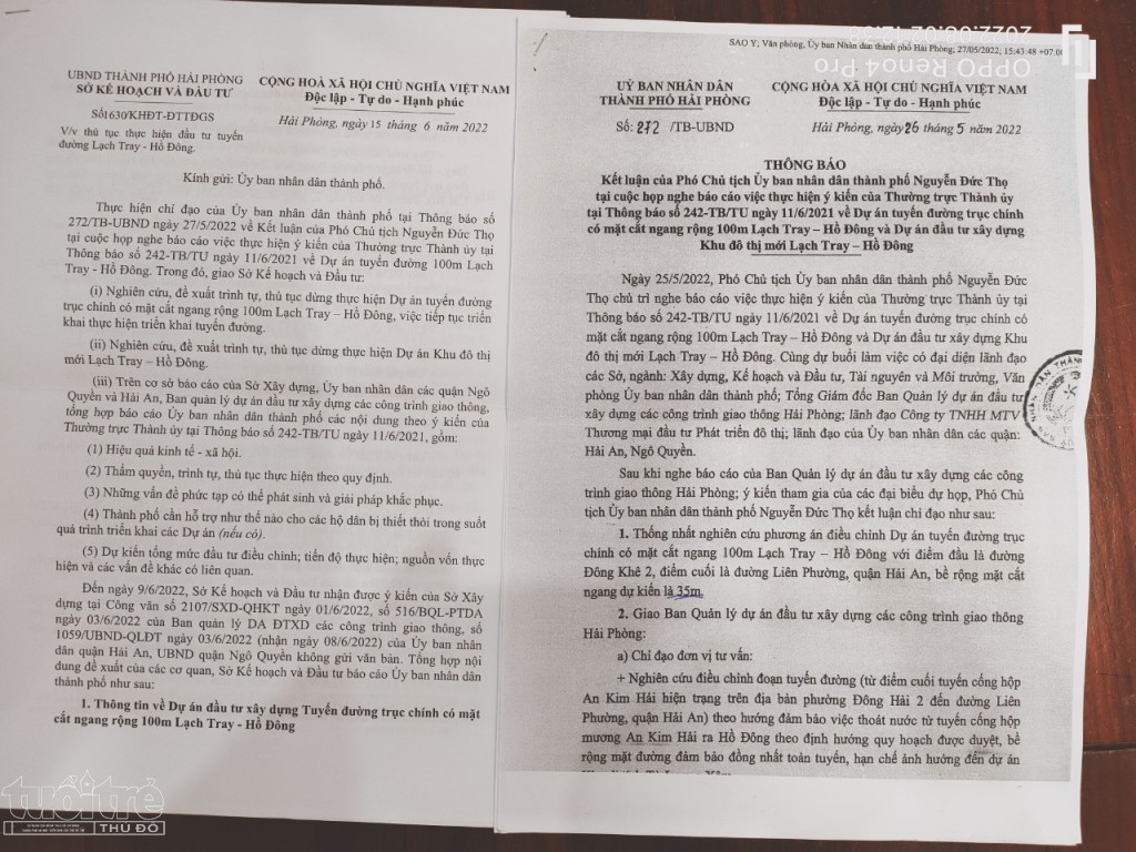 Các văn bản của UBND TP Hải Phòng về việc dừng vĩnh viễn Dự án đường 100m2 và khu đô thị Lạch Tray-Hồ Đông