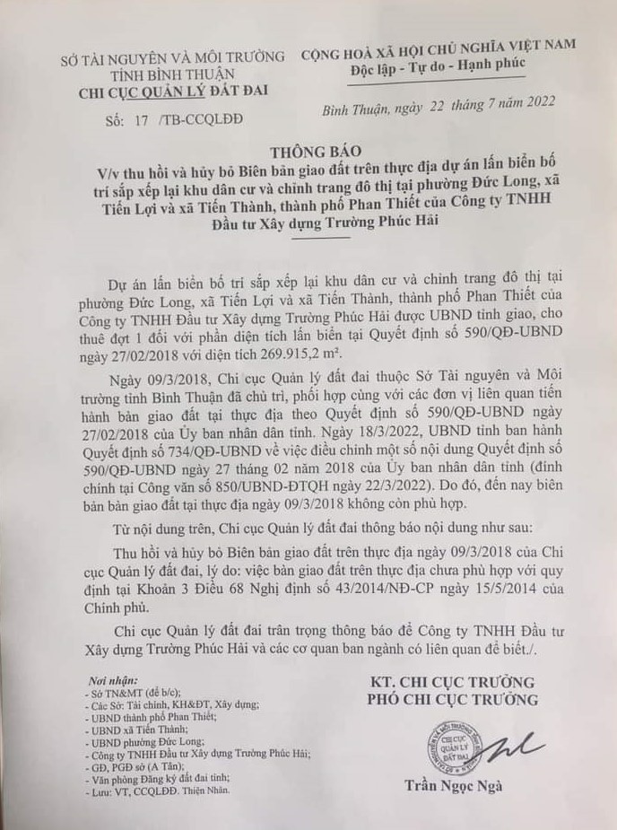 Thông báo số:17/TB-CCQLĐĐ về việc thu hồi và hủy bỏ Biên bản giao đất trên thực địa Dự án 