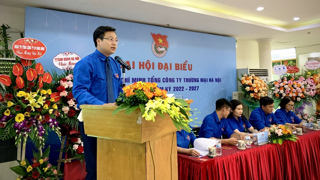 Phó Bí thư Thành đoàn Hà Nội Trần Quang Hưng phát biểu tại Đại hội 