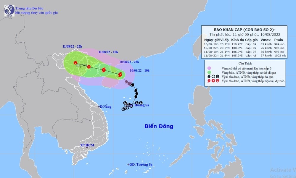 Vị trí và hướng di chuyển tiếp theo của bão số 2 Mulan. (Ảnh: Trung tâm Dự báo KTTVQG)