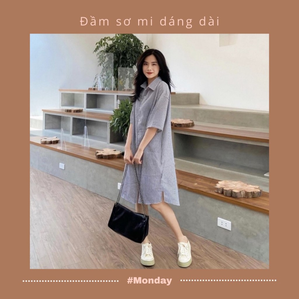 Thứ 2 nhẹ nhàng với đầm sơ mi dáng dài cực “chanh sả” có giá từ 129K trên Shopee. Thú vị hơn, họa tiết sọc trên áo còn khéo léo giúp nàng ăn gian chiều cao hiệu quả!