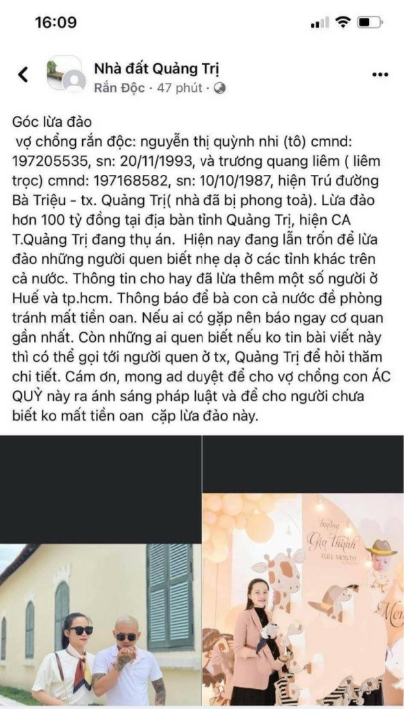 Người dân đưa thông tin của cặp vợ chồng lên mạng xã hội để cánh báo những người khác