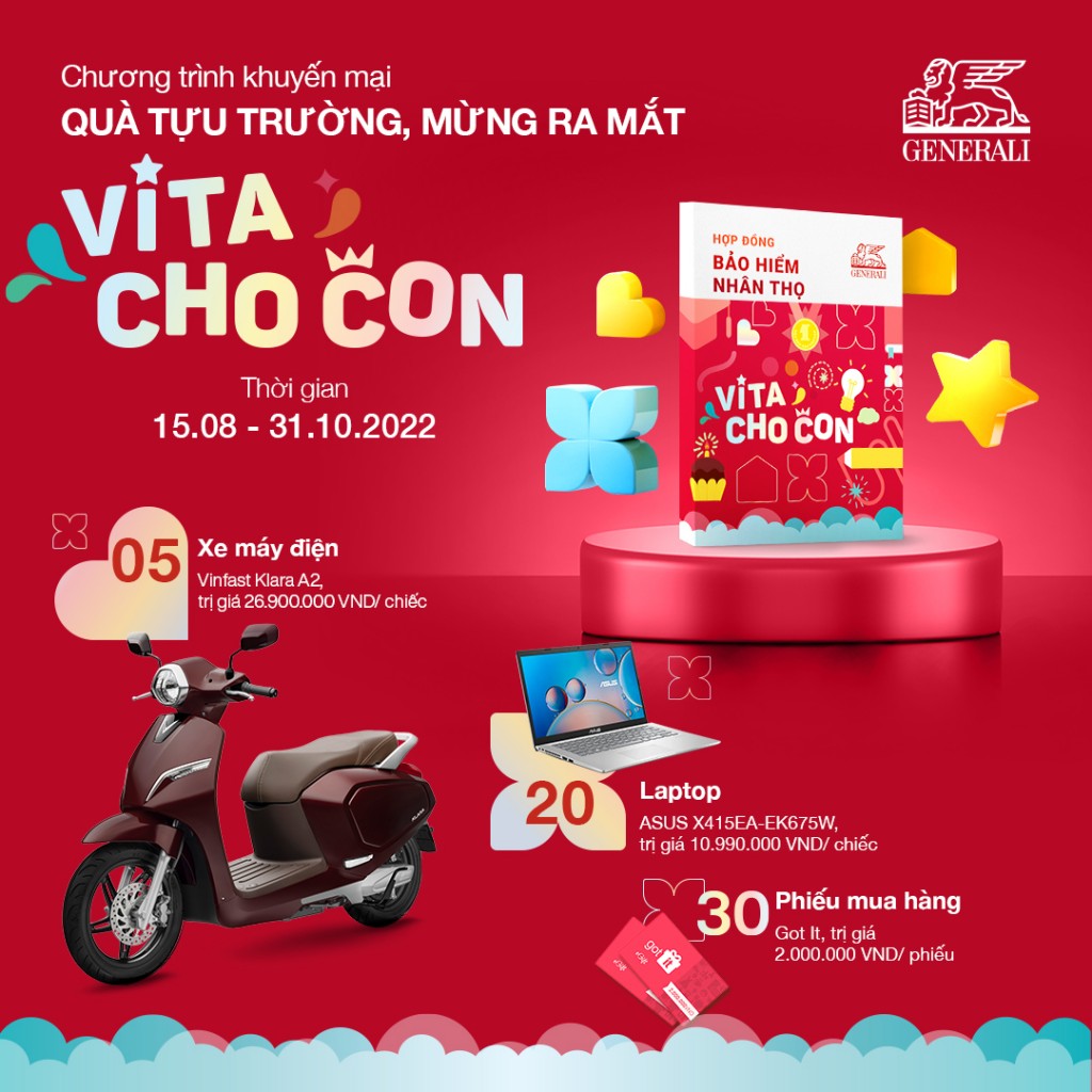 Generali đang triển khai chương trình khuyến mại “Quà tựu trường, mừng ra mắt VITA – Cho Con” với nhiều quà tặng hấp dẫn cho các phụ huynh tham gia sản phẩm