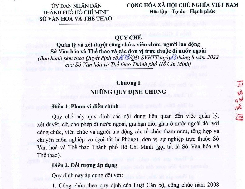 quy chế quản lý và xét duyệt công chức, viên chức, văn, nghệ sỹ thuộc Sở khi đi công tác ở nước ngoài.