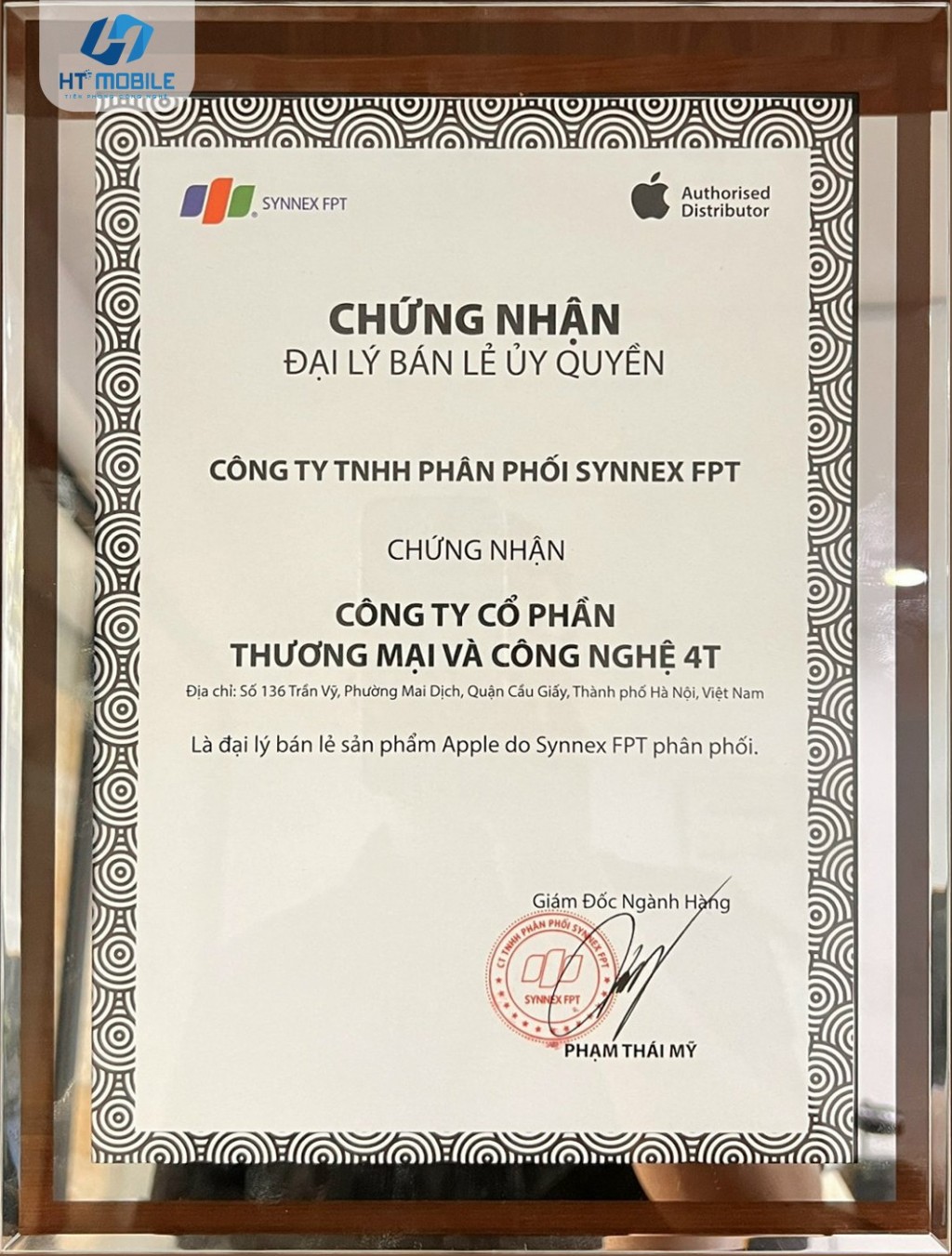 Giấy chứng nhận HT Mobile là đại lý ủy quyền chính hãng của Apple tại Việt Nam