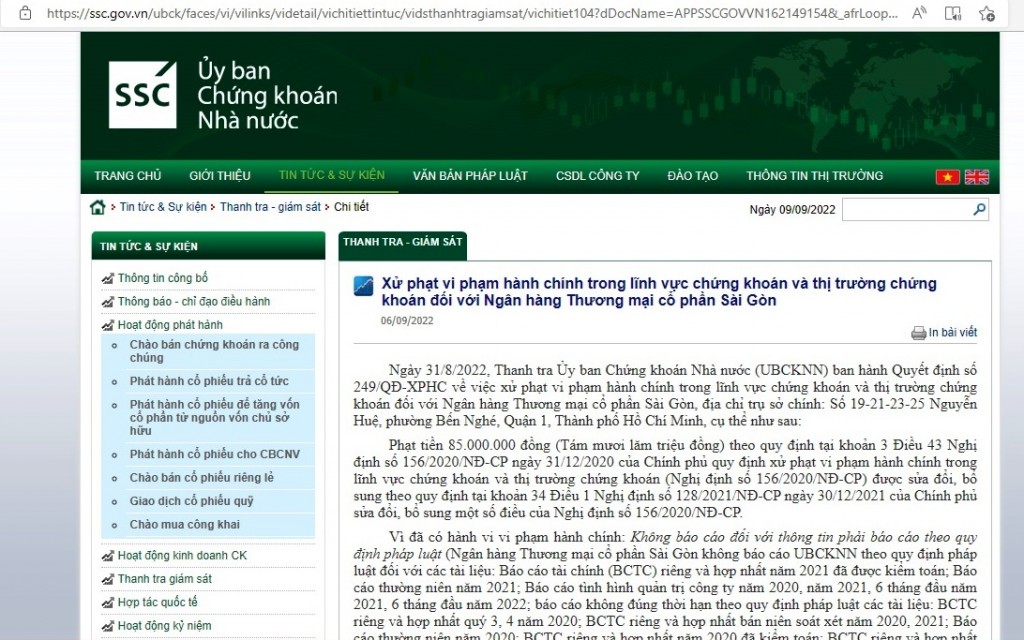 Ủy ban Chứng khoán Nhà nước xử phạt 85 triệu đồng vì vi phạm không báo cáo nhiều thông tin theo quy định pháp luật