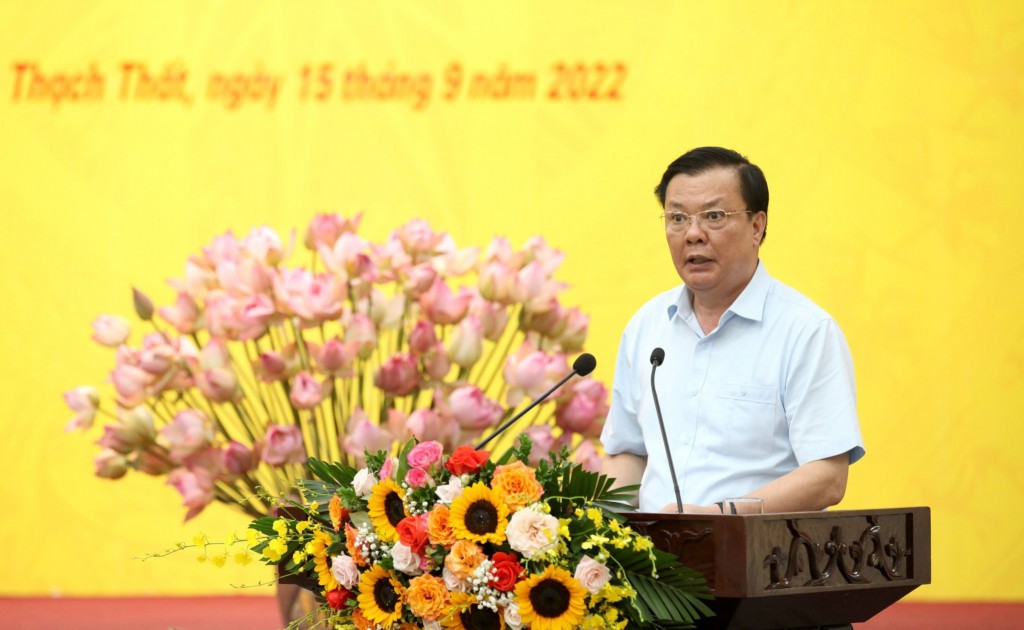 Bí thư Thành ủy Hà Nội Đinh Tiến Dũng phát biểu chỉ đạo, kết luận buổi làm việc.