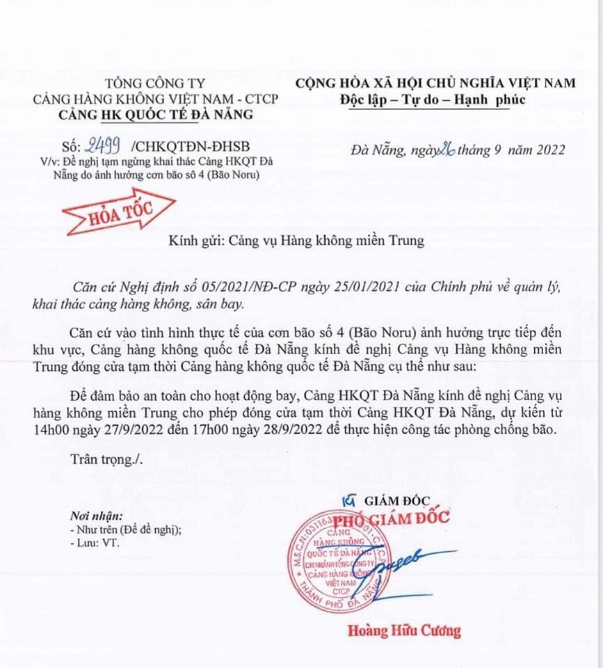Đề xuất đóng cửa tạm thời Cảng hàng không quốc tế Đà Nẵng từ 14 giờ ngày 27/9