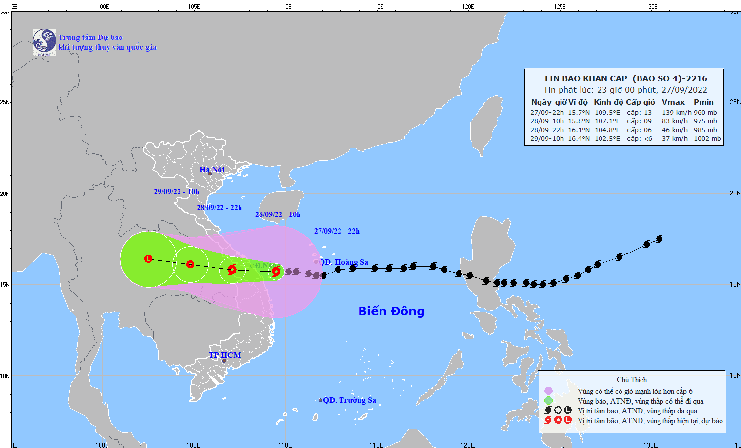 Hướng đi của bão Noru lúc 22h ngày 27/9