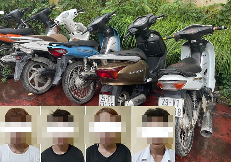 Một số đối tượng trong ổ nhóm (ảnh nhỏ) cùng số xe máy tang vật các vụ trộm đã được Công an quận Hà Đông thu giữ