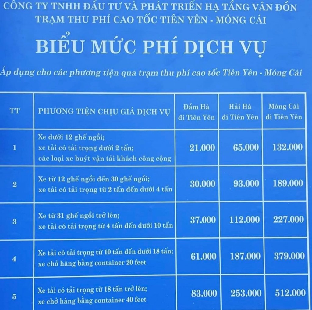 Bảng giá dịch vụ đối với các loại phương tiện.