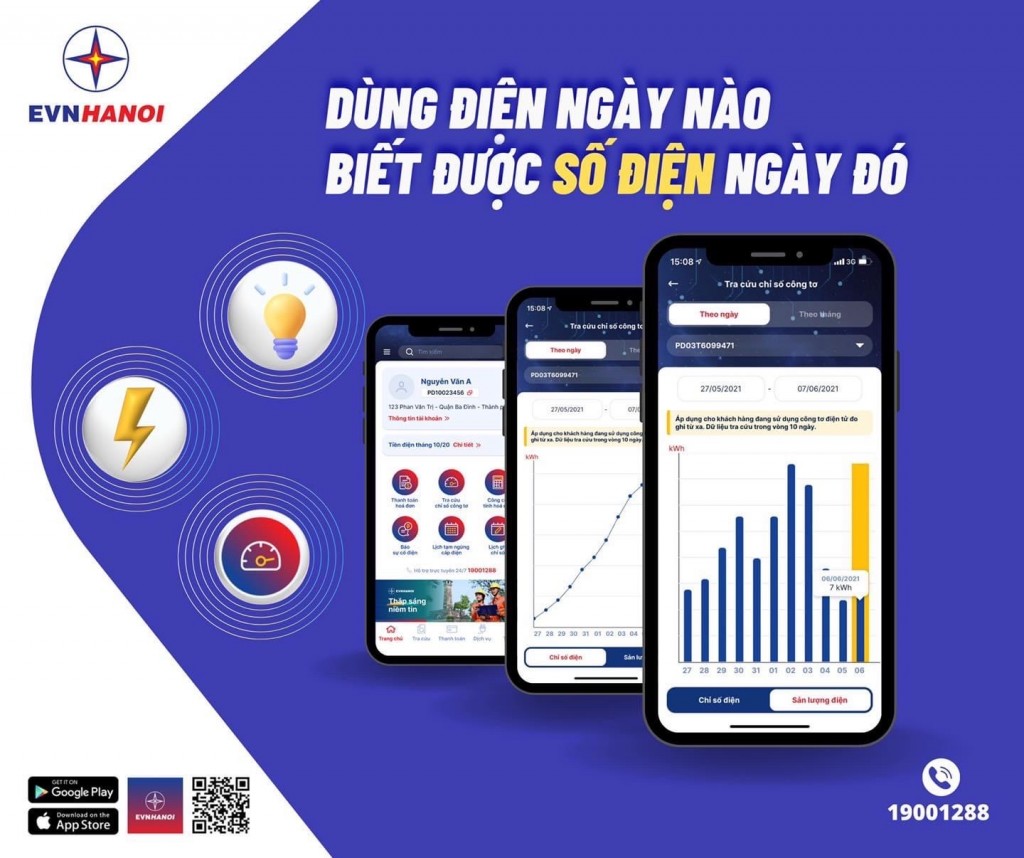 Dùng điện ngày nào biết được số điện ngày đó với App EVNHANOI