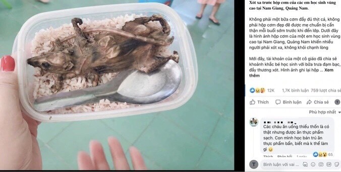 Hình ảnh lan truyền trên mạng xã hội cho rằng học sinh huyện Nam Giang (Quảng Nam) chỉ ăn cơm trắng với thịt chuột