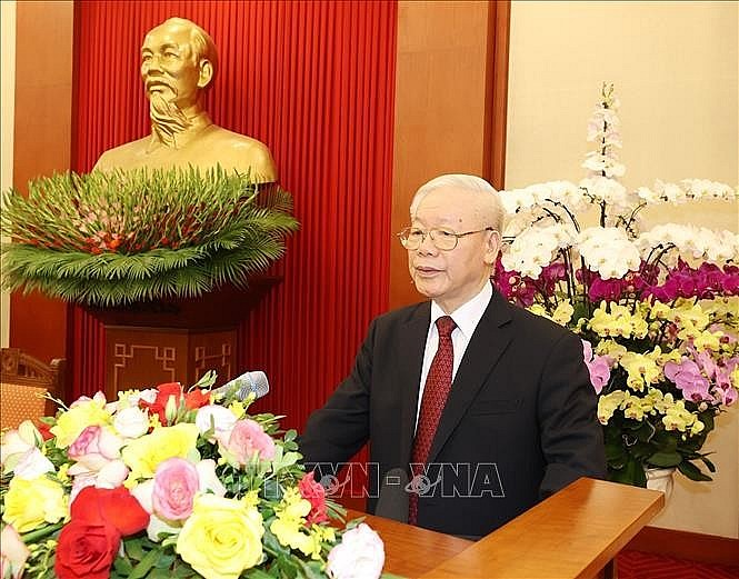 Tổng Bí thư Nguyễn Phú Trọng phát biểu tại buổi gặp mặt đại biểu Đại hội Đoàn Thanh niên Cộng sản Hồ Chí Minh Quân đội lần thứ X (2022 - 2027) - Ảnh: Trí Dũng/TTXVN