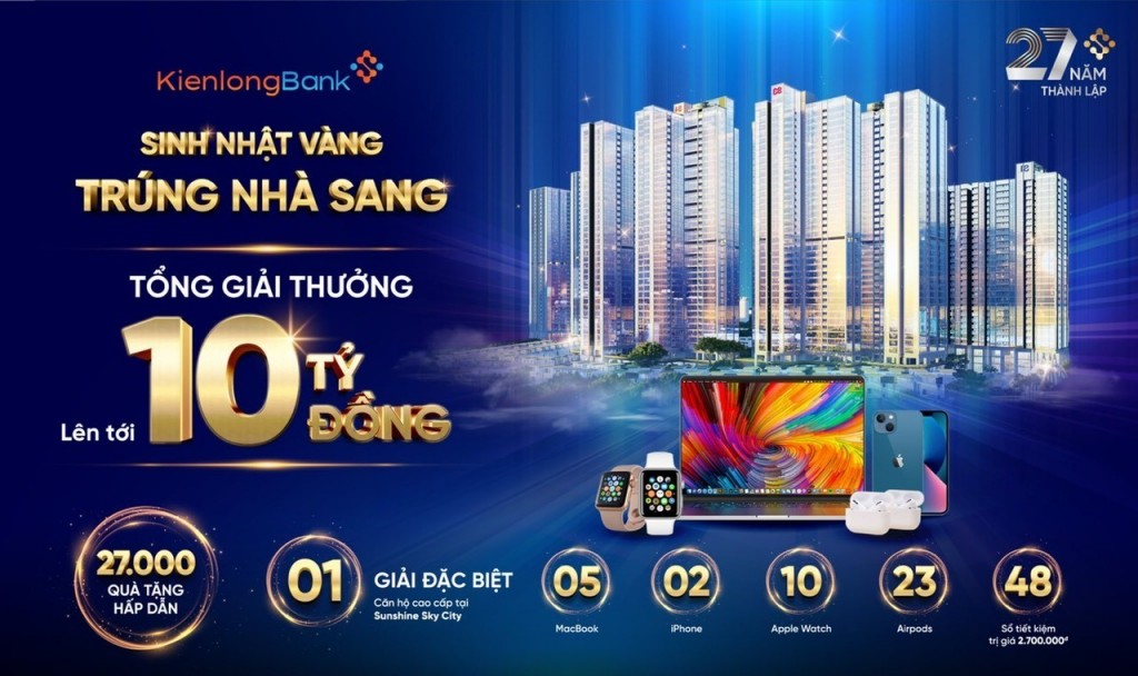 Ngoài lãi suất ưu đãi đến 8,6%/năm, khách hàng gửi tiền tiết kiệm tại KienlongBank còn có cơ hội sở hữu những phần quà hấp dẫn từ chương trình “Sinh nhật Vàng - Trúng nhà Sang”