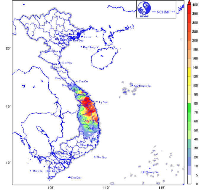 Từ trưa ngày 14/10 đến trưa ngày 16/10 ở khu vực từ Quảng Bình đến Phú Yên và khu vực Bắc Tây Nguyên có mưa to (Nguồn: (TTDBKTTV)