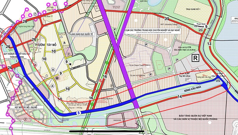 Tuyến đường ven sông Cầu Ngà (quận Nam Từ Liêm) thể hiện màu xanh đậm trong khoanh đỏ (Ảnh google map)