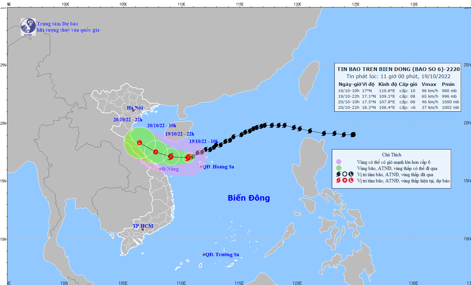 Vị trí và đường đi dự kiến của bão số 6 (Nguồn: nchmf.gov.vn)