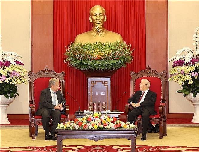 Tổng Bí thư Nguyễn Phú Trọng tiếp Tổng Thư ký Liên hợp quốc António Guterres thăm chính thức Việt Nam. Ảnh: Trí Dũng/TTXVN