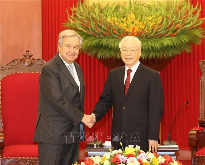 Tổng Bí thư Nguyễn Phú Trọng và Tổng Thư ký Liên hợp quốc António Guterres. Ảnh: Trí Dũng/TTXVN