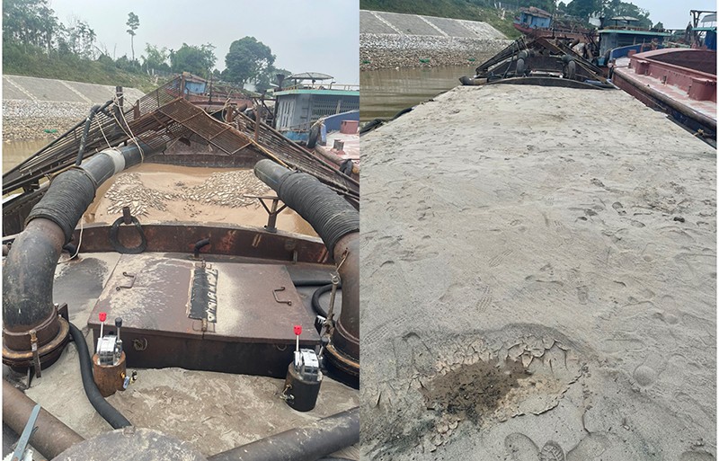 Lực lượng CSGT đường thuỷ Hà Nọi đang phối hợp điều tra tàu không số khai tác cát trái phép trên sông Hồng