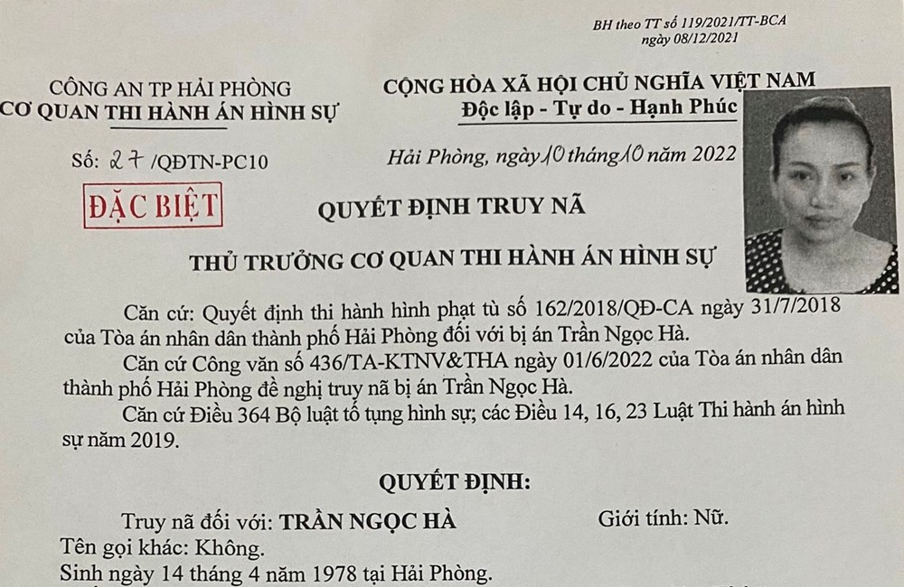 Quyết định truy nã đối với Trần Ngọc Hà