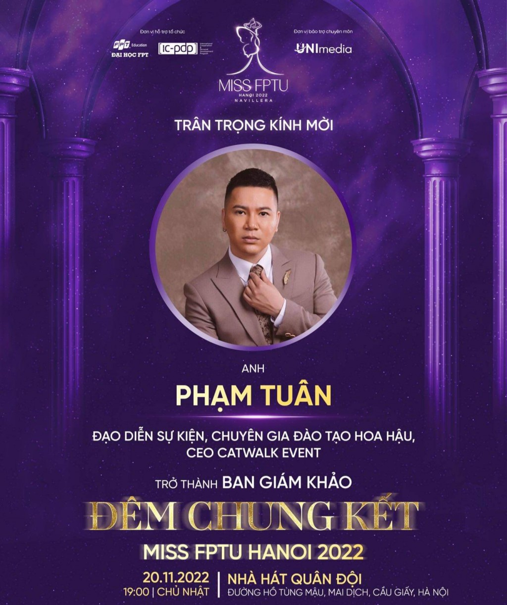 Chuyên gia đào tạo hoa hậu - Đạo diễn sự kiện Phạm Tuân trên poster công bố giám khảo của đêm chung kết