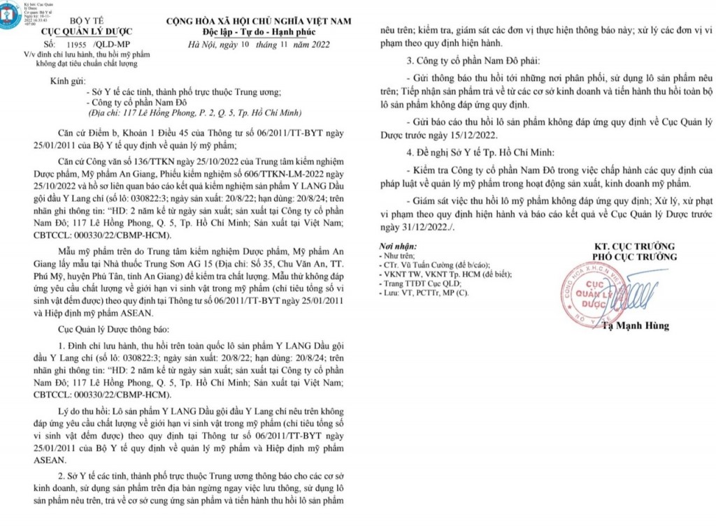 Văn bản thông báo đình chỉ lưu hành, thu hồi trên toàn quốc lô sản phẩm dầu gội đầu Dầu gội đầu Newgi.C 100ml