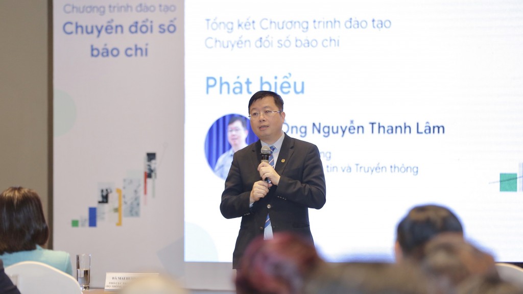 Thứ trưởng Bộ Thông tin và Truyền thông Nguyễn Thanh Lâm phát biểu tại Lễ tổng kết Chương trình đào tạo chuyển đổi số báo chí.
