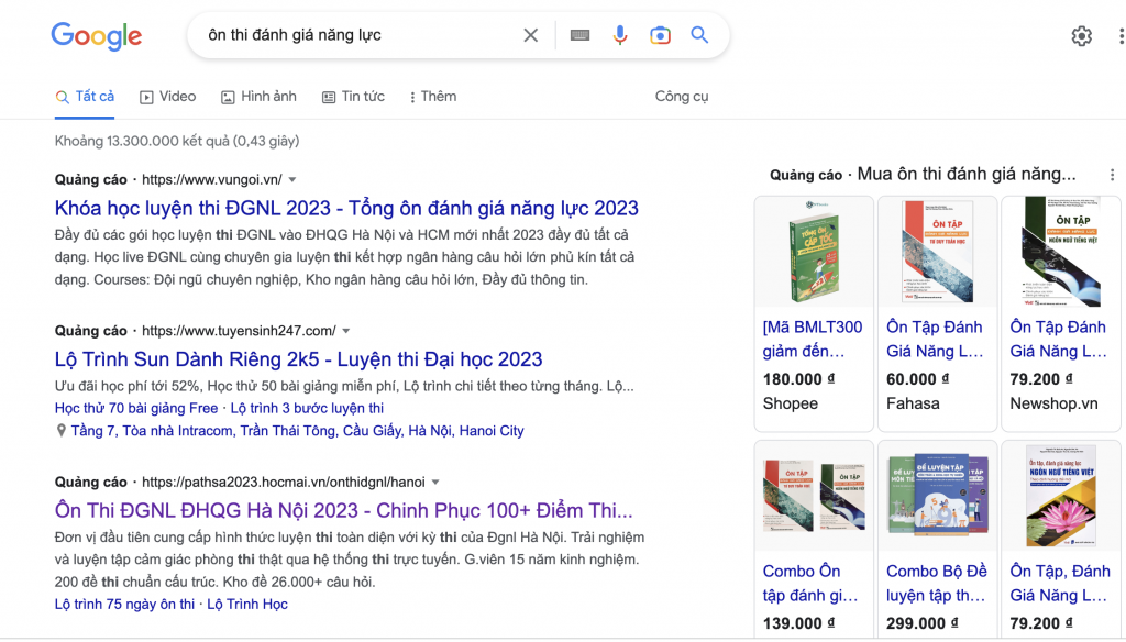 Chỉ cần gõ từ khoá ôn thi đánh giá năng lực, lập tức google hiện lên hơn 10.000 kết quả tìm kiếm