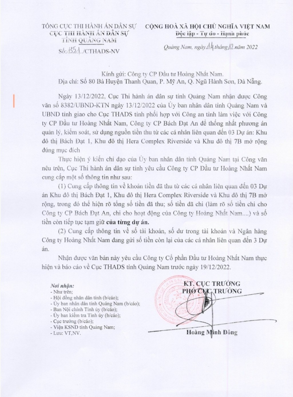 Công văn của Cục THADS Quảng Nam