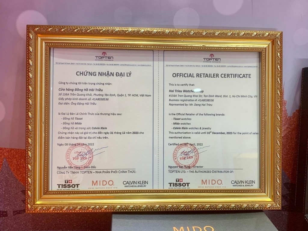 Giấy chứng nhận đại lý Tissot chính hãng tại Việt Nam được cấp cho chuỗi bán lẻ Đồng Hồ Hải Triều