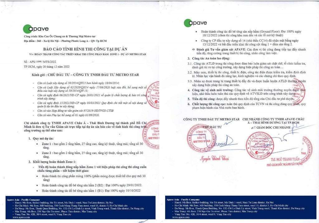 Xác nhận của Apave (Công ty Giám sát nổi tiếng của Cộng hòa Pháp thành lập từ năm 1867) về tiến độ thi công của dự án Metro Star