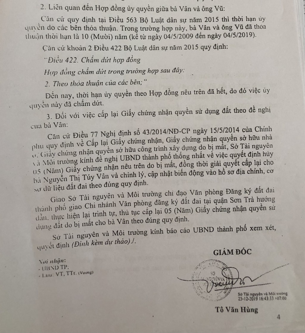 . Báo cáo ngày 25/12/2019 của Sở TN&MT do Giám đốc Tô Văn Hùng ký đề nghị UBND TP Đà Nẵng thống nhất về việc hủy 5 sổ đỏ bị mất và giải quyết cấp lại cho bà Vân