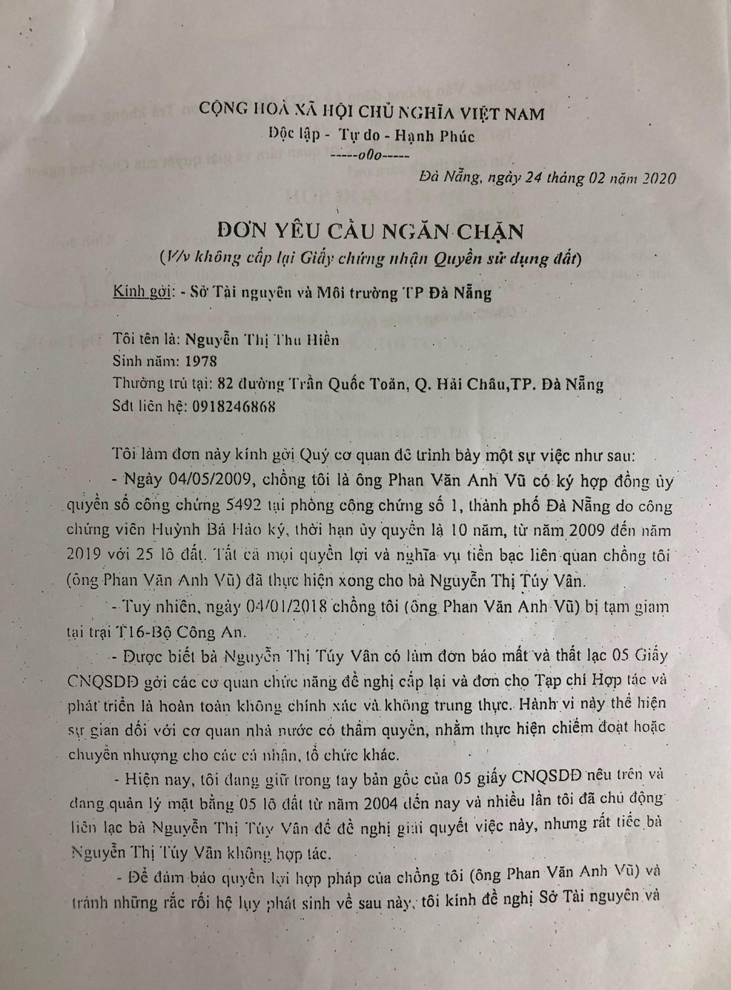 . Đơn yêu cầu ngăn chặn cấp lại sổ đỏ cho bà Vân gửi Sở TP&MT ngày 24/2/2020 của bà Nguyễn Thị Thu Hiền