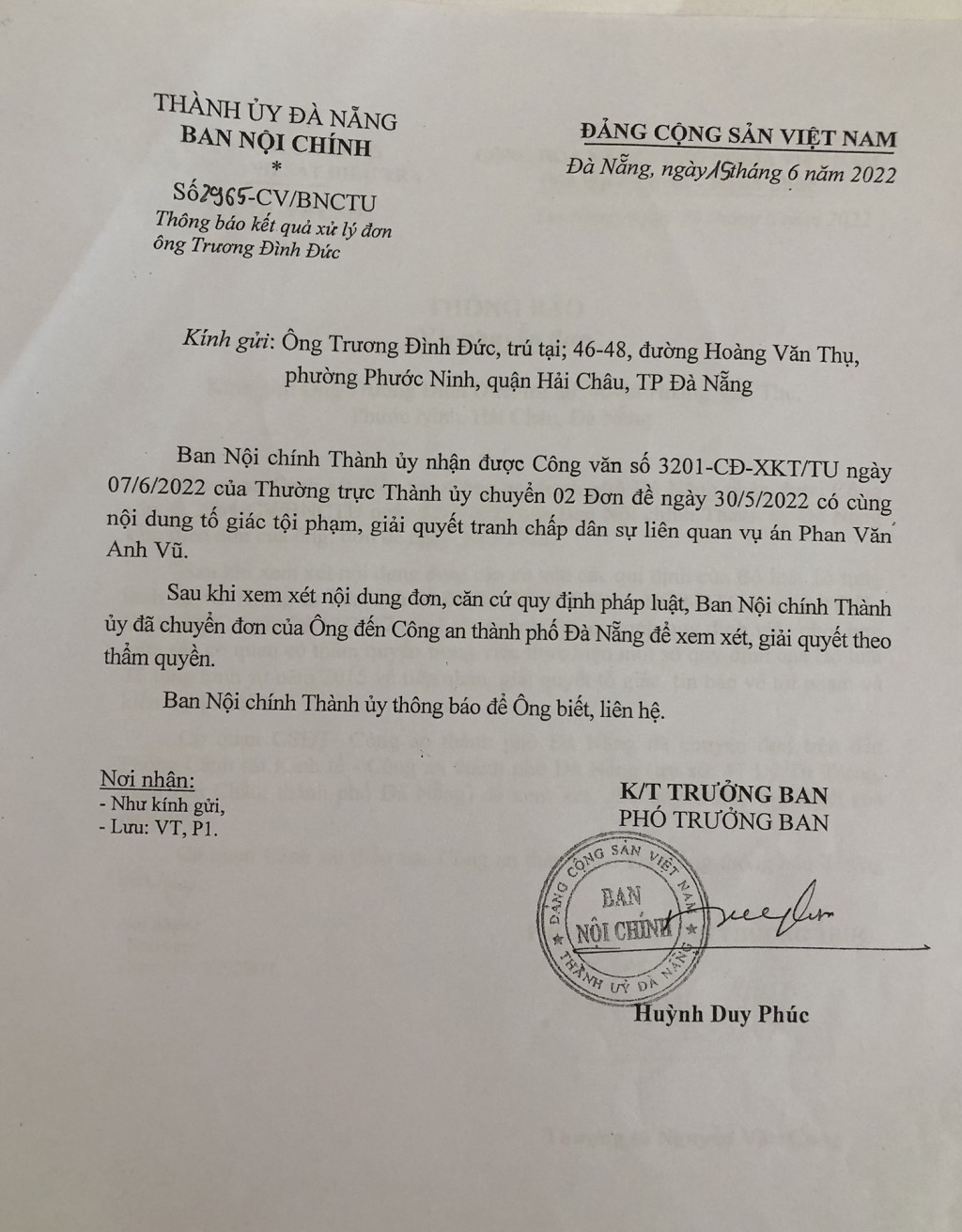 Công văn của Ban Nội chính Thành ủy Đà Nẵng ngày 15/6/2022 cho biết đã nhận được 2 đơn tố giác tội phạm của ông Đức đề ngày 30/5/2022