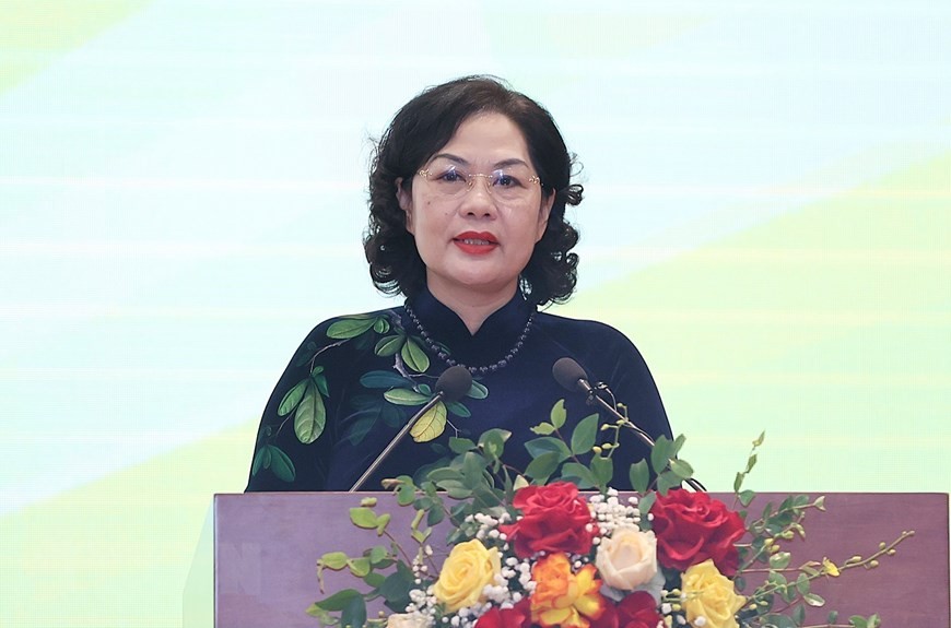 Thống đốc Ngân hàng Nhà nước Việt Nam Nguyễn Thị Hồng phát biểu khai mạc hội nghị. (Ảnh: Dương Giang/TTXVN)