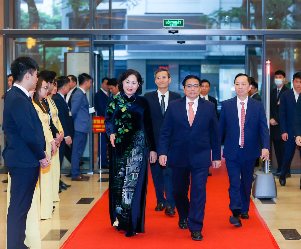 Thủ tướng Chính phủ Phạm Minh Chính dự Hội nghị tổng kết công tác năm 2022 và triển khai nhiệm vụ ngân hàng năm 2023 - Ảnh: VGP/Nhật Bắc