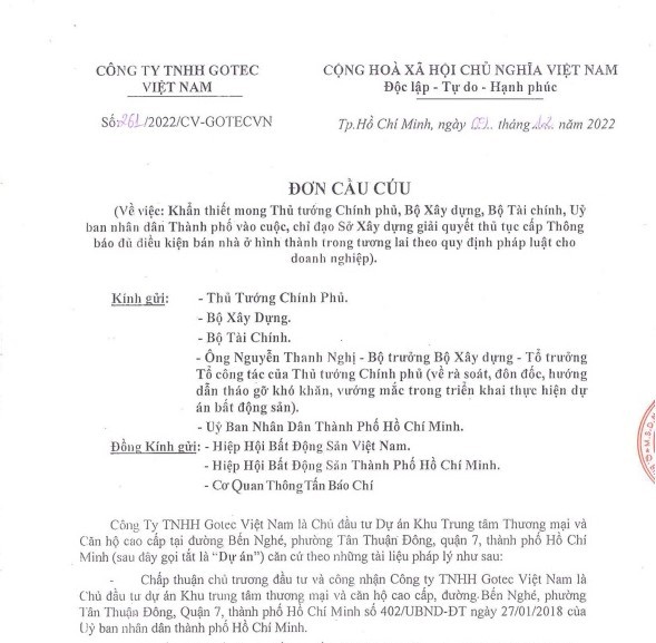 đơn cầu cứu gửi Chính phủ và các Bộ, ngành liên quan đến công tác quản lý thị trường bất động sản, Công ty TNHH Gotec Việt Nam 