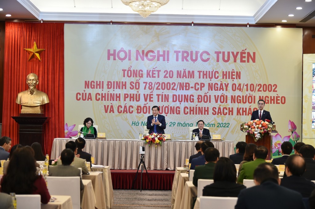 Phó Thủ tướng Lê Minh Khái dự Hội nghị Tổng kết 20 năm thực hiện chính sách tín dụng đối với người nghèo và các đối tượng chính sách khác theo Nghị định số 78/2002/NĐ-CP. Ảnh VGP/Quang Thương