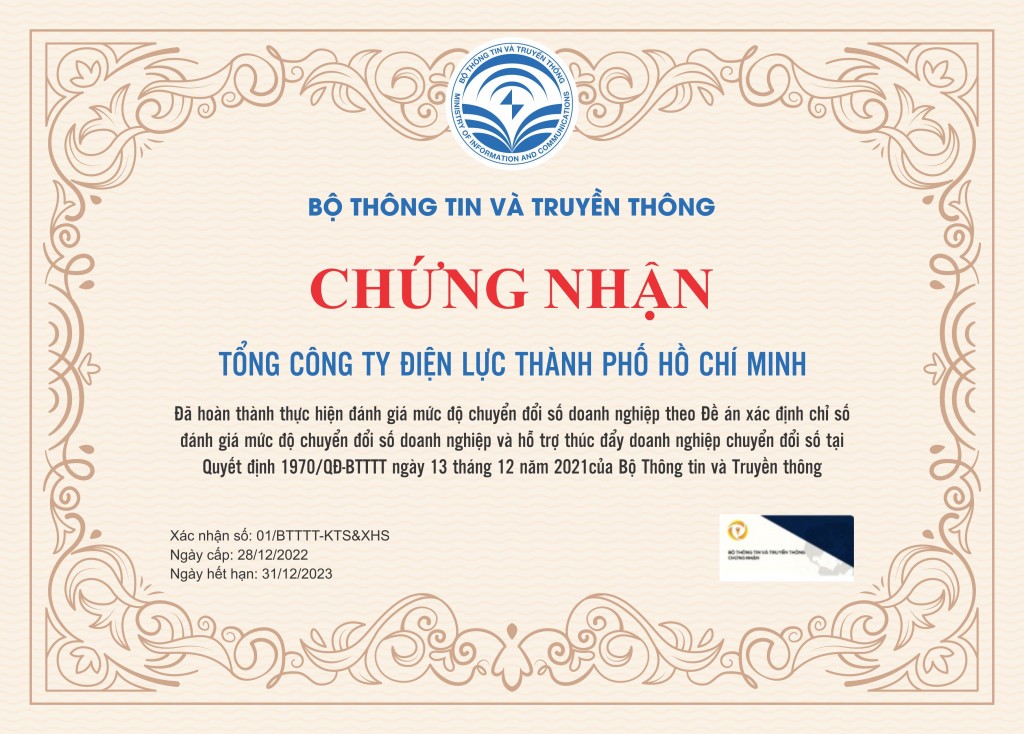 Giấy chứng nhận số 01 về việc hoàn thành thực hiện đánh giá mức độ chuyển đổi số doanh nghiệp của EVNHCMC