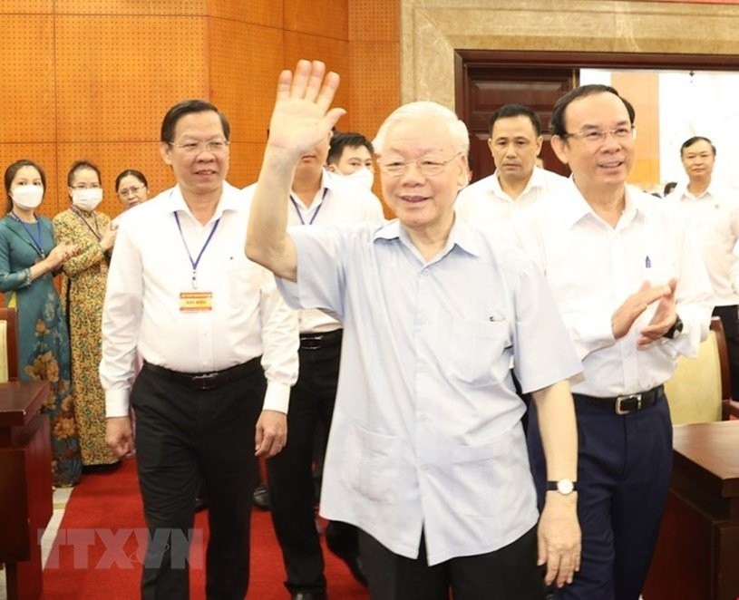 Tổng Bí thư Nguyễn Phú Trọng dẫn đầu đoàn công tác của Trung ương Đảng thăm và làm việc với TP HCM (Ảnh: Trí Dũng/TTXV)N