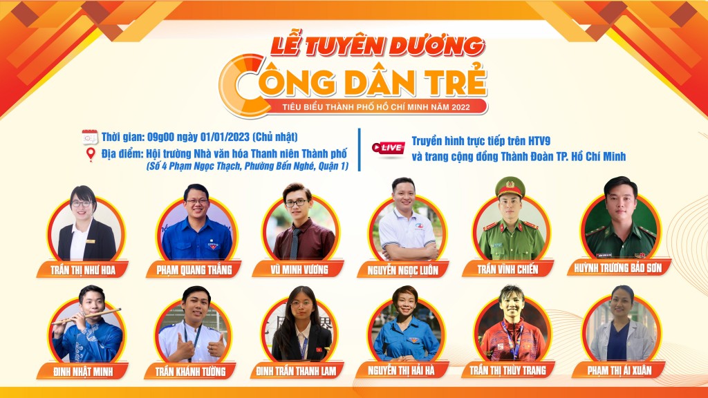 Danh sách 12 gương mặt “Công dân trẻ tiêu biểu TP Hồ Chí Minh” được tuyên dương trong sáng ngày 1/1/2023